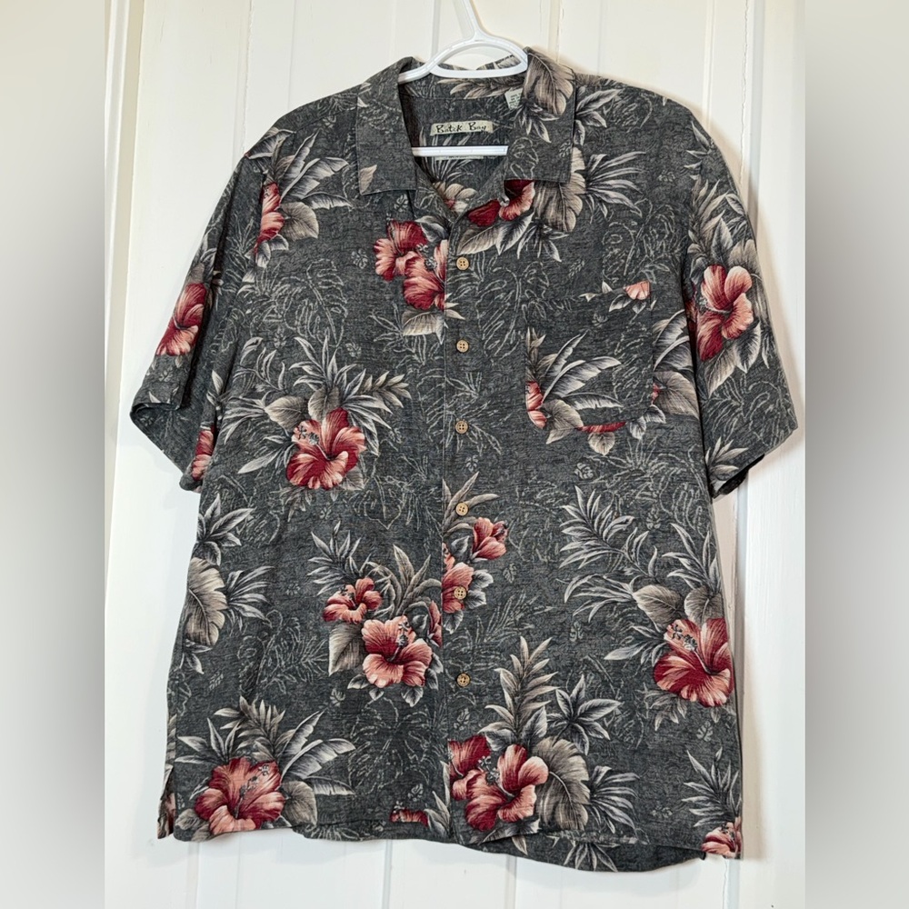 Batik Bay Shirt Men Large Tile flower Floral 100% Silk Hawaiian Tropical‎